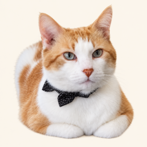 Sherbert, an orange and white cat, wearing a black bow tie